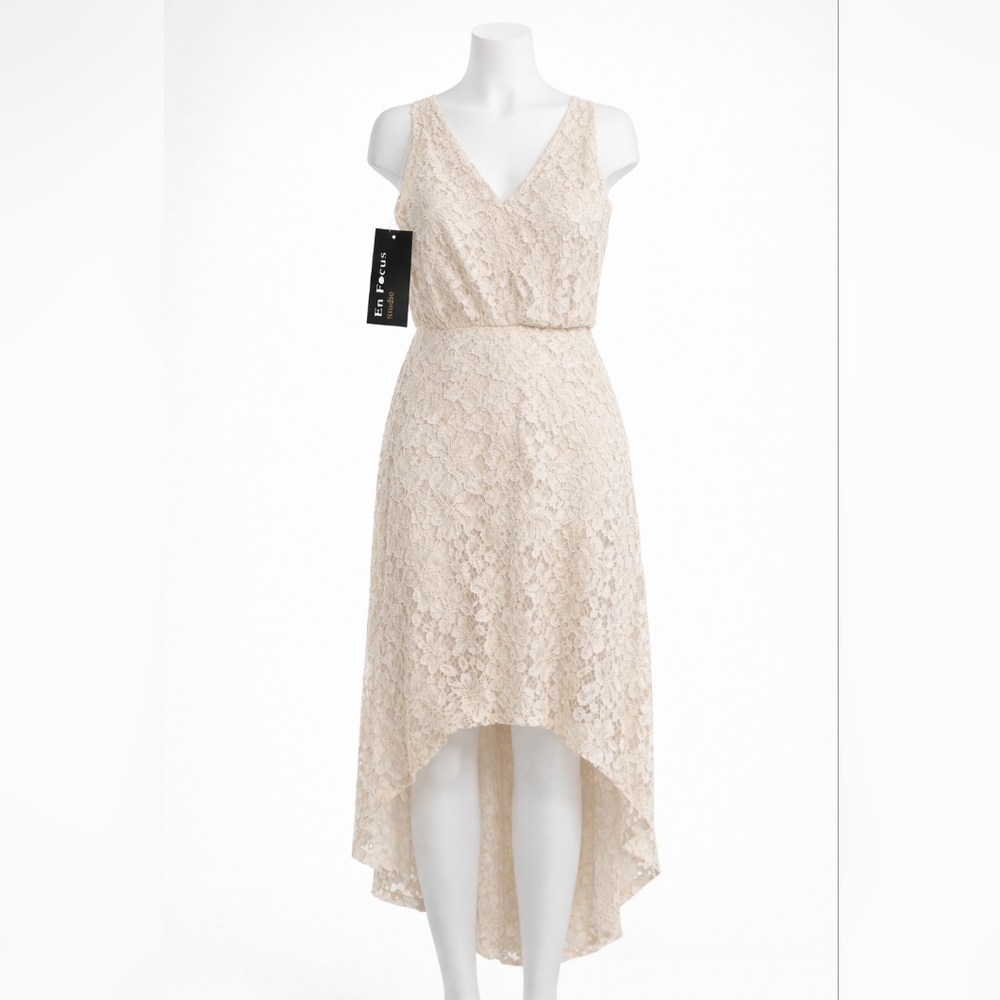 NWT En Focus Studio Cream Ivory Lace Hi Low Dress Size 4 Bridal Shower